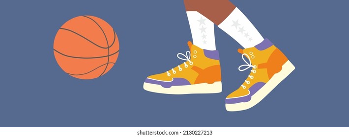 Basketball player with the ball on basketball court. Basketball game. Active lifestyle and leisure. Sport team playing game. Outdoor and indoor activity. Colorful Isolated flat vector illustration