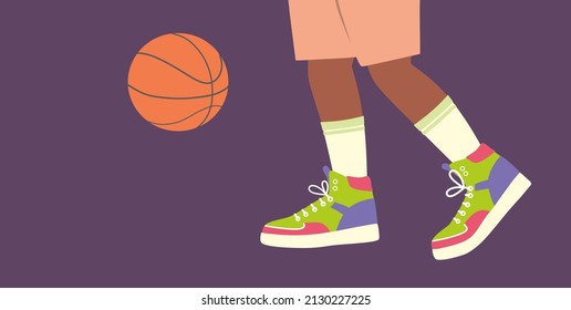 Basketball player with the ball on basketball court. Basketball game. Active lifestyle and leisure. Sport team playing game. Outdoor and indoor activity. Colorful Isolated flat vector illustration