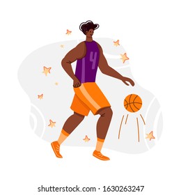 Basketball player with ball on playground, African American man playing match, guy running and holds sports ball, muscular black player train basketball, flat people - vector for poster, merch, print