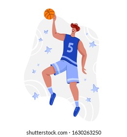 Basketball player with ball on playground, young muscular man in uniform playing match, guy jumping and holds sports ball, player train in basketball, flat people - isolated vector for poster, merch