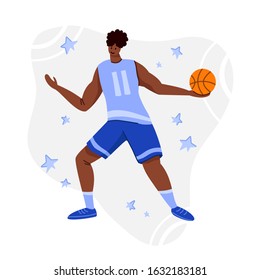 Basketball player with ball on playground, African American man playing match, guy jumping and holds sports ball, muscular black player train basketball, flat people - vector for poster, merch, print