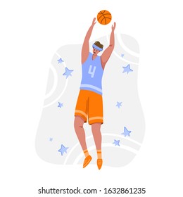 Basketball player with ball on playground, young muscular man in uniform playing match, guy jumping and holds sports ball, player train in basketball, flat people - isolated vector for poster, merch