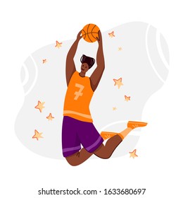 Basketball player with ball on playground, African American man playing match, guy jumping and holds sports ball, muscular black player train basketball, flat people - vector for poster, merch, print