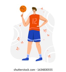 Basketball player with ball on playground, young muscular man in uniform playing match, guy standing and holds sports ball, player train in basketball, flat people - isolated vector for poster, merch