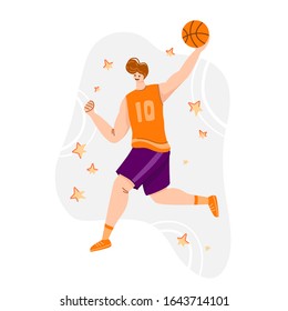 Basketball player with ball on playground, young muscular man in uniform playing match, guy jumping and holds sports ball, player train in basketball, flat people - isolated vector for poster, merch