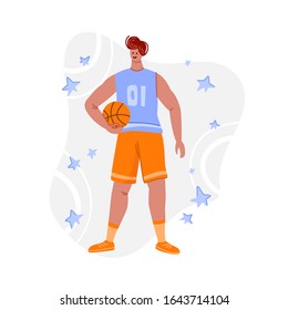 Basketball player with ball on playground, young muscular man in uniform playing match, guy jumping and holds sports ball, player train in basketball, flat people - isolated vector for poster, merch