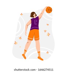 Basketball player with ball on playground, young muscular woman in uniform playing match, girl jumping and holds sports ball, player train in basketball, flat people - isolated vector for poster