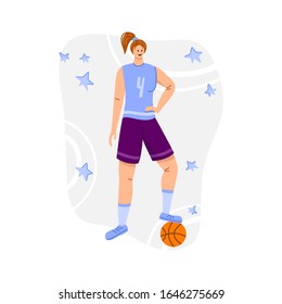 Basketball player with ball on playground, young muscular woman in uniform playing match, girl holds sports ball, player train in basketball, flat people - isolated vector for poster