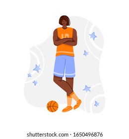 Basketball player with ball on playground, young muscular African American woman in uniform playing match, girl holds sports ball, player train in basketball, flat people - isolated vector for poster