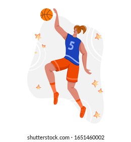 Basketball player with ball on playground, young muscular woman in uniform playing match, girl jumping and holds sports ball, player train in basketball, flat people - isolated vector for poster