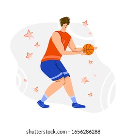 Basketball player with ball on playground, young muscular man in uniform playing match, guy jumping and holds sports ball, player train in basketball, flat people - isolated vector for poster, merch