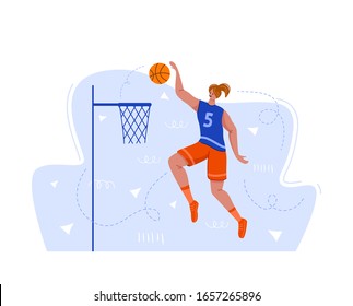 Basketball player with ball on playground, young muscular woman in uniform playing match, girl jumping and holds sports ball, player train in basketball, flat people - isolated vector for poster