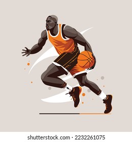 Jugador de baloncesto con baloncesto profesional de acción deportiva de baloncesto, ilustración vectorial