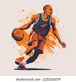 Basketball player with ball playing professional basketball motion sport action, vector illustration