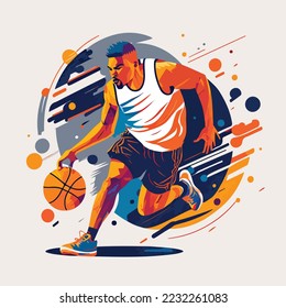 Basketball player with ball playing professional basketball motion sport action, vector illustration