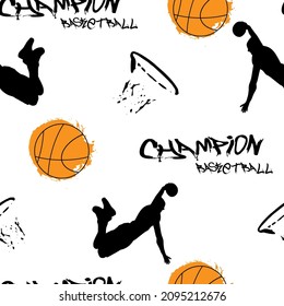 Basketballspieler mit Ball, Ring, Slogan und orangefarbenem Grunge-Ball. nahtloses Muster.
