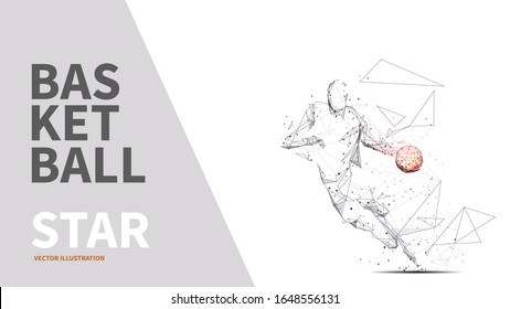 Jugador de baloncesto con balón en movimiento. Ilustración vectorial aislada abstracta para impresión en fondo blanco. Arte digital de innovación en tecnología deportiva: polígonos, partículas y puntos conectados.