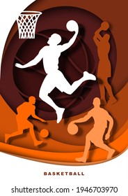 Basketball Player With Ball Silhouettes, Vector Illustration In Paper Art Style. Professional Athletes Jumping And Shooting Ball Into The Hoop. Basketball Slam Dunk Shot, Dribbling And Bouncing Moves.