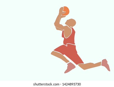 Basketball player with a ball. Single silhouette. Active jumping pose. Sport illustration. Applique or paper cut style. Colorful vector illustration.