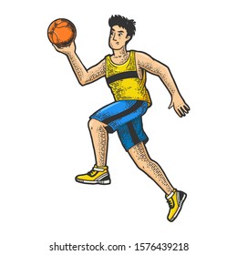 Basketball player with ball sketch engraving vector illustration. T-shirt apparel print design. Scratch board imitation. Black and white hand drawn image.