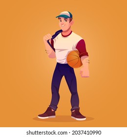 Basketball player with ball, sportsman. Vector cartoon illustration of muscular man in cap, professional athlete or sport trainer. Handsome strong guy with smile isolated on orange background