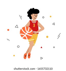 Basketball player with ball. Young boy cartoon action character. Flat vector isolated illustration. Children's basketball championship poster, banner design
