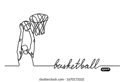 Basketball player banner, illustration. Minimalist vector doodle with lettering basketball sport. One continuous line drawing.
