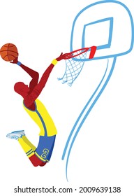 basketball player in the big jump knocks the ball into the hoop