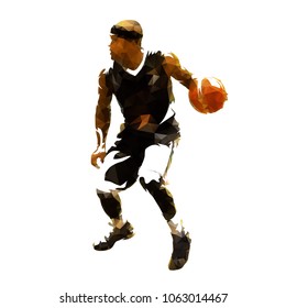 Basketball player in black jersey running and dribbling with ball, polygonal vector illustration. Rear view