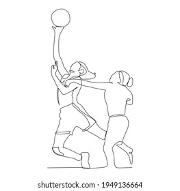 A basketball player blocked by her opponent while trying to make a point the ball - continuous one line drawing,