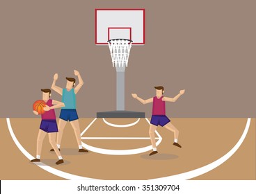 Basketball player blocked by opponent, trying to pass ball to unguarded teammate. Cartoon vector illustration on basketball team sport.