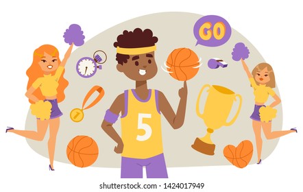 Basketball player bouncing ball in the gym with cheerleaders vector illustration. Smiling cheerleader girls, boy in uniform, trophy, medal, stopwatch, whistle. For banner, flyer, brochure, poster