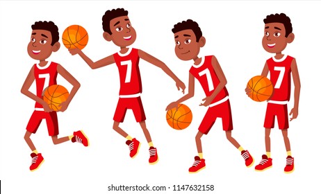 Basketball Player Child Set Vector. Various Poses. Athlete In Uniform With Ball. Sport Game Competition. Game. Isolated Flat Cartoon Illustration
