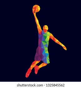 Basketball player composed of multiple colourful geometric shpaes, isolated on a dark background, low poly design, vector illustration