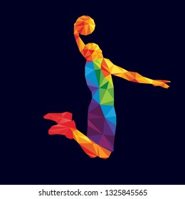 Basketball player composed of multiple colourful geometric shpaes, isolated on a dark background, low poly design, vector illustration