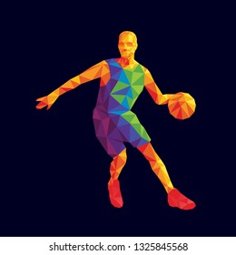 Basketball player composed of multiple colourful geometric shpaes, isolated on a dark background, low poly design, vector illustration mascot