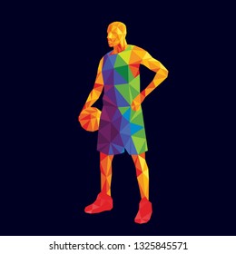 Basketball player composed of multiple colourful geometric shpaes, isolated on a dark background, low poly design, vector illustration