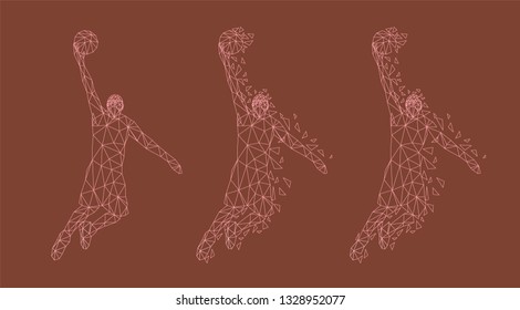Basketball player composed of multiple geometric shpaes, isolated on a dark background, low poly design, vector illustration