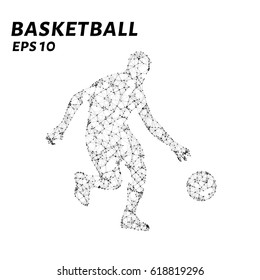 Basketball player consists of points, lines and triangles. The polygon shape in the form of a silhouette of a basketball player on a dark background. Vector illustration.