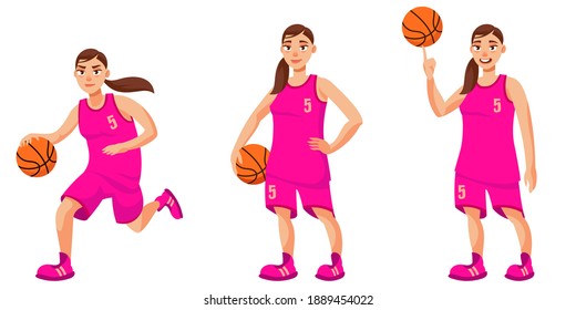 Basketball player in different poses. Female person in cartoon style.