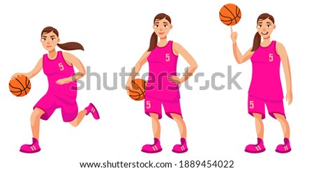 Basketball player in different poses. Female person in cartoon style.