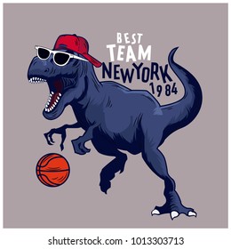 Basketball player dinosaur vector print. Funny t-shirt print for kids.