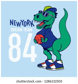 Basketball player dinosaur vector print. Funny t-shirt print for kids.Dinosaur drawing.Character design.