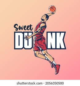 basketball player dipping his ball in a beautiful style. sweet dunk. flat style vector illustration.