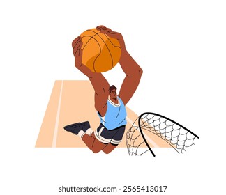 Basketball player does slam dunk on sports match. Professional sportsman jumps and goals. Athlete plays, hops and throws ball into basket, hoop. Flat isolated vector illustration on white background