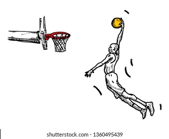 A basketball player doing a slam dunk. Hand drawn vector illustration. 