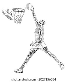 Un jugador de baloncesto haciendo un pedazo de mierda. Escena dinámica del juego. Dibujo manual original sobre el deporte, el ocio, el ocio y el modo de vida saludable.