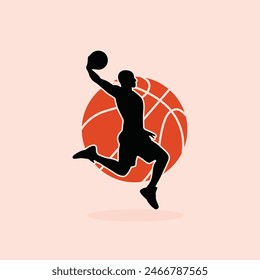 Basketball Player doing  slam dunk with basket ball background vrctor for event logo, basket ball logo 