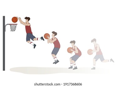 Basketball player dressed on the red and blue uniform holding the ball.  Isolated vector illustration on white background.