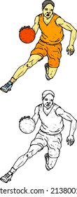 Basketball player dribble a ball. Hand drawn vector illustration.